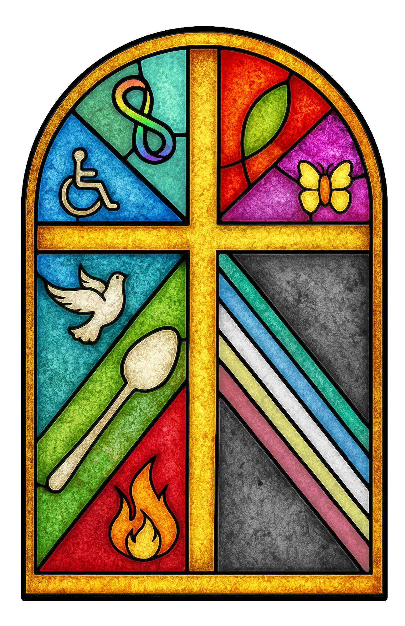 Stained glass window mixed with disability and religious symbols