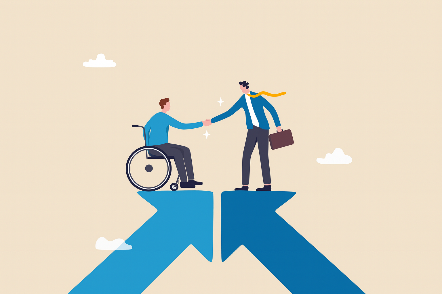 2 people on a path pointed up are shaking hands one is in a wheelchair and the other is standing